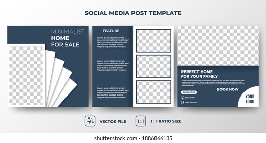 Editable square banner template. Home for sale social media post template design with a dark blue color background. Usable for social media feed. Flat design vector with a photo collage.