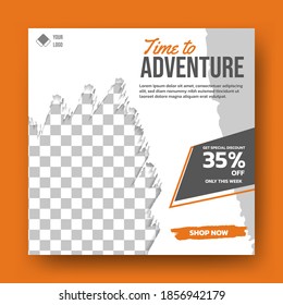 Editable square banner template. Outdoor store social media template design. Abstract shape vector design with photo collage. Usable for social media, banner and web internet ads.