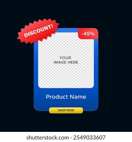 Editable square banner template for photo product promotion with amount number of discount and shop now button. Vector design for promo, marketing, web, marketplace or social media.