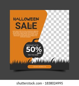 editable square banner template. Silhouette of pumpkin with orange color background. Suitable for social media post,card and web internet ads. Flat vector design with photo collage.