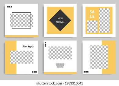 Editable square banner template for social media post. Golden, Yellow frame with black and white background. Minimal design background.
