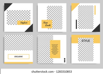 Editable square banner template for social media post. Golden, Yellow frame with black and white background. Minimal design background.