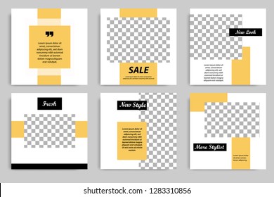 Editable square banner template for social media post. Golden, Yellow frame with black and white background. Minimal design background.
