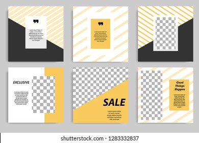 Editable square banner template for social media post. Golden, Yellow frame with black and white background and stripes line. Minimal design background.