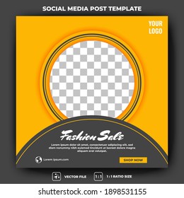 Editable square banner template. Social media post with black and yellow circle color shape. Flat design vector with a photo collage. Usable for social media post, banners, and web internet ads.