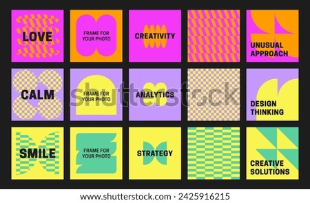 Editable square banner template for Social media, set design.Creative pack with playful shapes. Set of Y2k backgrounds. Neo brutalism. Retro futurism, glitch, abstract shapes, Neon 