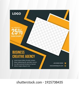 Editable square banner template. Yellow element and black background color with a white frame shape. Suitable for social media posts and advertisements with space for photo