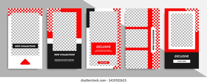 Editable square frame banner template for social media stories. Red, black and white geometric shape. Minimal modern design background vector illustration