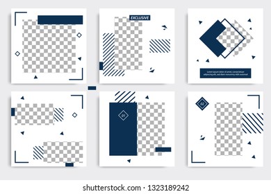 Editable square Memphis geometric banner template. Minimalist design background in dark and light blue color. Vector illustration. Suitable for social media post and cover, web internet brochure.