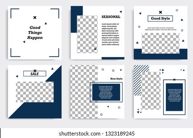 Editable square Memphis geometric banner template. Minimalist design background in dark and light blue color. Vector illustration. Suitable for social media post and cover, web internet brochure.