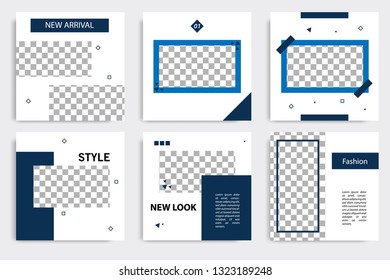 Editable square Memphis geometric banner template. Minimalist design background in dark and light blue color. Vector illustration. Suitable for social media post and cover, web internet brochure.