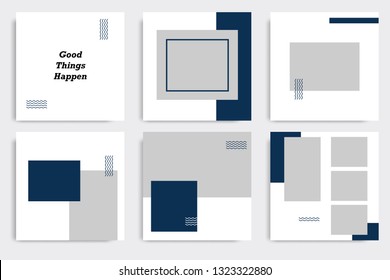 Editable square Memphis geometric banner template. Minimalist design background in dark blue indigo color. Vector illustration. Suitable for social media post and cover, web internet brochure.