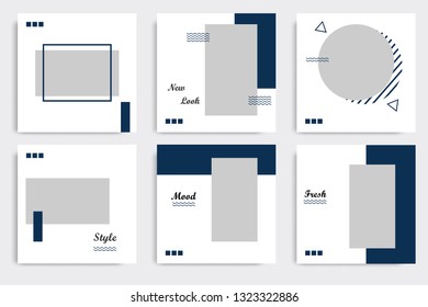 Editable square Memphis geometric banner template. Minimalist design background in dark blue indigo color. Vector illustration. Suitable for social media post and cover, web internet brochure.
