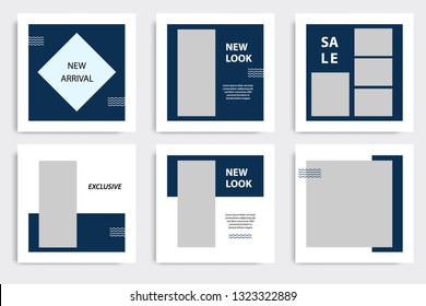Editable square Memphis geometric banner template. Minimalist design background in dark blue indigo color. Vector illustration. Suitable for social media post and cover, web internet brochure.