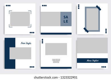 Editable square Memphis geometric banner template. Minimalist design background in dark blue indigo color. Vector illustration. Suitable for social media post and cover, web internet brochure.