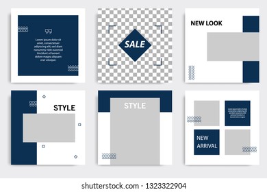 Editable square Memphis geometric banner template. Minimalist design background in dark blue indigo color. Vector illustration. Suitable for social media post and cover, web internet brochure.