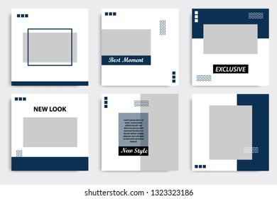 Editable square Memphis geometric banner template. Minimalist design background in dark blue indigo color. Vector illustration. Suitable for social media post and cover, web internet brochure.
