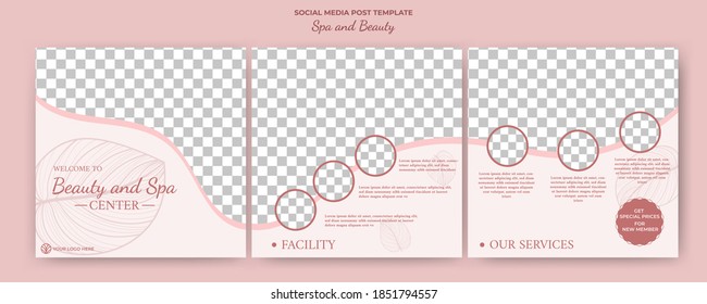 Editable square puzzle banner template. Social media post template spa and massage . Soft color with photo collage. Usable for social media feed spa and massage services.