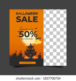 Editable square sale banner template. Silhouette of grave and scarry home with orange color background. Suitable for social media post,card and web internet ads. Flat vector design with photo collage