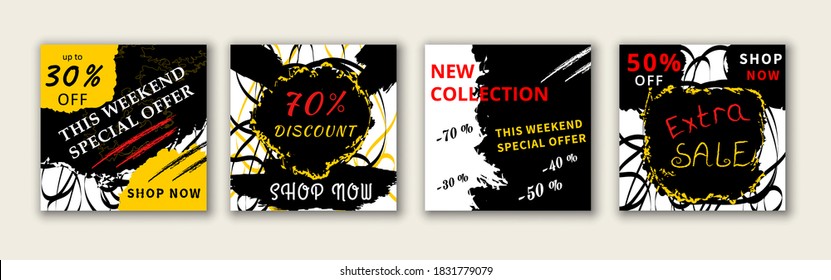 Editable square social media post design template set. Grunge sale web banner for digital marketing. Yellow and black background with lines and shape. Suitable for social media and internet ads