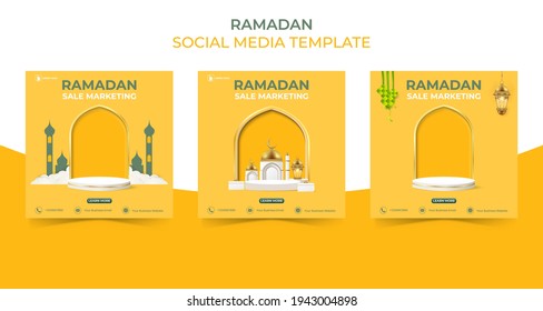 editable square social media post template. ramadan sale banner concept for promotion with podium.