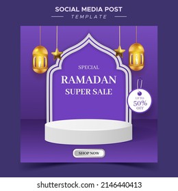 Editable square social media post template Ramadan sale banner concept for promotion with podium