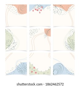 Editable square social media posts templates set. Abstract pastel backgrounds in minimal trendy style with floral and geometric elements for social networks posts, web banners. Square puzzle feed for 