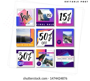 Editable squarePost blog Template Social Media Pack Banners for Digital Business Marketing - Promo Fashion ad - Posts and Stories memphis style -Sale Discount Streaming for Influencer Brand Promotion