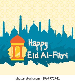 Editable Standing Arabic Lantern and Mosque Silhouette Vector Illustration in Brush Strokes Style on Patterned Background for Artwork Element of Eid Al-Fitri or Islamic Holy Festival Design Concept