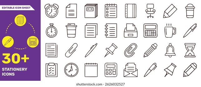 Editable Stationery Icon Set – 30+ Office and School Supply Line Icons