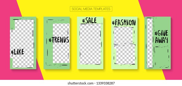 Editable Stories Abstract Vector Layout. Bright Social Media Like and Share, New Arrivals, Winners Photo Frames Pack. Blogger Social Media Geometric Mobile Template. Cool Insta Stories Layout