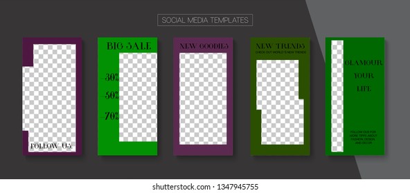 Editable Stories Abstract Vector Layout. Bright Social Media Trends, New Arrivals, New Goodies Photo Frames Set. Blogger Social Media Geometric SMM App Template. Nice Insta Stories Layout