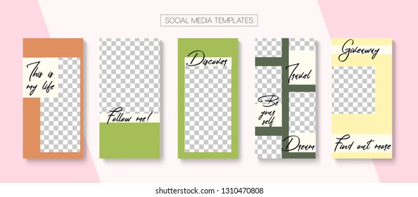 Editable Stories Graphic Vector Layout. Blogger Social Media Advertising Phone Template. Advert Social Media Follow Us, Winners, Like and Share Photo Frames Set. Sale Insta Stories Layout
