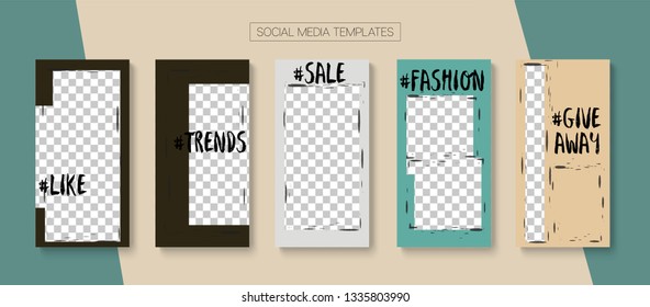 Editable Stories Graphic Vector Layout. Blogger Social Media Geometric Phone Template. Bright Social Media Sale -50, Follow Us, Fashion Photo Frames Pack. Cool Insta Stories Layout