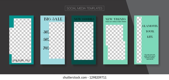 Editable Stories Hipster Vector Layout. Blogger Social Media Comments Mobile Template. Bright Social Media Fashion, Follow Us, Trends Photo Frames Set. Sale Insta Stories Layout