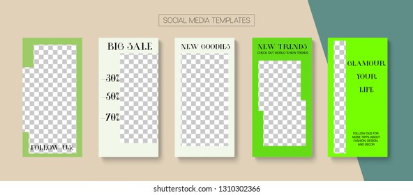 Editable Stories Hipster Vector Layout. Bright Social Media Sale -50, Trends, Fashion Photo Frames Set. Blogger Social Media Comments Mobile Template. Sale Insta Stories Layout
