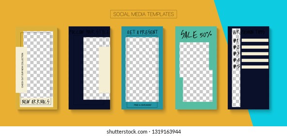 Editable Stories Hipster Vector Layout. Blogger Social Media Geometric Phone Template. Noble Social Media New Goodies, Follow Us, Sale -50 Photo Frames Pack. Cool Insta Stories Layout