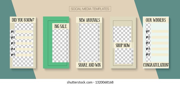 Editable Stories Hipster Vector Layout. Advert Social Media Trends, Fashion, New Goodies Photo Frames Pack. Blogger Social Media Comments Mobile Template. Nice Insta Stories Layout