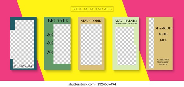 Editable Stories Minimal Vector Layout. Brand Social Media New Arrivals, Like and Share, New Goodies Photo Frames Kit. Blogger Social Media Advertising Phone Template. Sale Insta Stories Layout