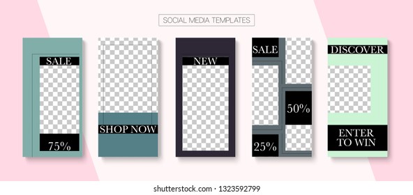 Editable Stories Modern Vector Layout. Brand Social Media Shop Now, Fashion, New Arrivals Photo Frames Pack. Blogger Social Media Geometric Phone Template. Nice Insta Stories Layout