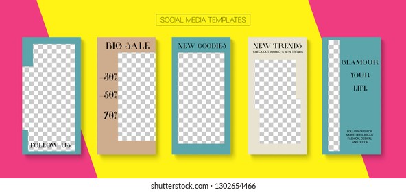 Editable Stories Simple Vector Layout. Blogger Social Media Comments Website Template. Advert Social Media Sale -50, Fashion, Follow Us Photo Frames Set. Cool Insta Stories Layout