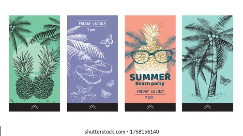 Editable Stories template. Hello Summer, palm tree, glasses, pineapple. Hand drawn illustration.
