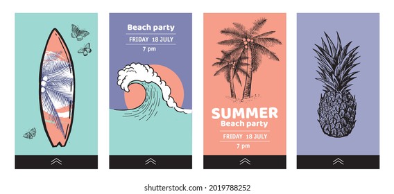 Editable Stories template. Hello Summer, palm tree, surfboard, pineapple. Hand drawn illustration.	
