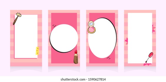 Editable stories template. Notebook cover and social media beauty blog bundle with cosmetics on pink strips background promotion web banner for mobile apps Empty text space vector poster ad collection