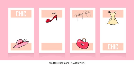 Editable stories template. Notebook cover and social media fashion beauty blog bundle with girly things pretty look. Promotion web banner for mobile apps. Empty text space vector poster ad collection