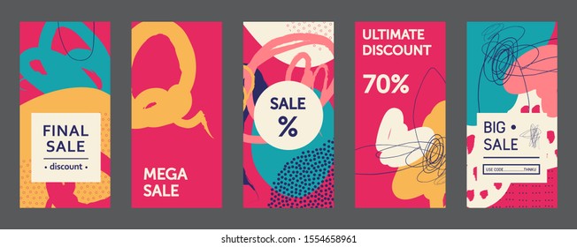 Plantillas de artículos editables establecidas con elementos abstractos para cuentas creativas. Ilustración vectorial. Conjunto de tarjetas, historias, banners de venta fondo con patrones