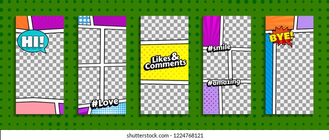 Editable stories templates for smartphone. Stream cover. Comic book, pop art style. Isolated, vector. 