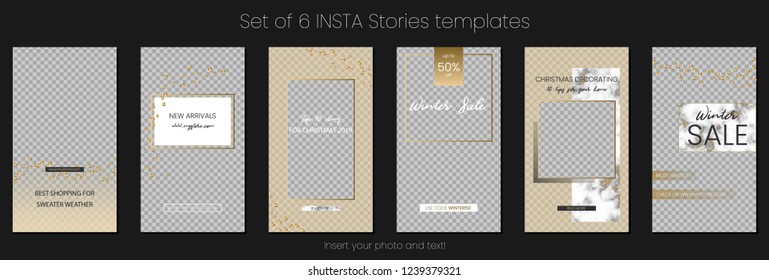 Editable Stories vector template pack. Social media frames with golden overlays, marble texture, sequins. Mockup for business stories: fashion, interior design, photographer, blogger ets.