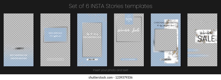 Editable Stories vector template pack. Social media frames with blue overlays, marble texture, sequins. Mockup for business stories: fashion, interior design, photographer, blogger ets.