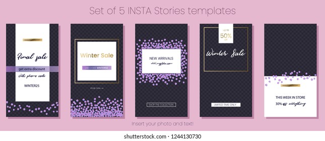 Editable Stories vector template pack. Social media frames with golden texture and sequins. Layout for business stories: fashion, interior design, photographer, blogger ets.